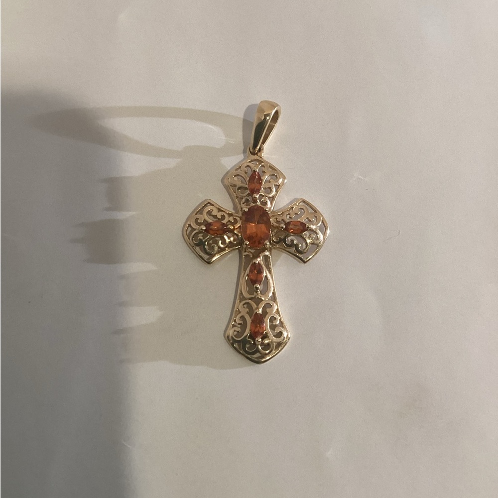 14k Gold Cross Pendant with Tangerine Garnets (no chain)